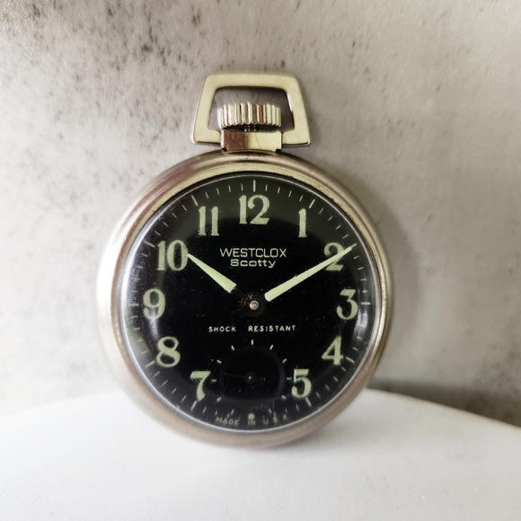 Westclock Scotty Vintage Pocket Watch Shock Resistant Black Face Analog Manual - Picture 3 of 5